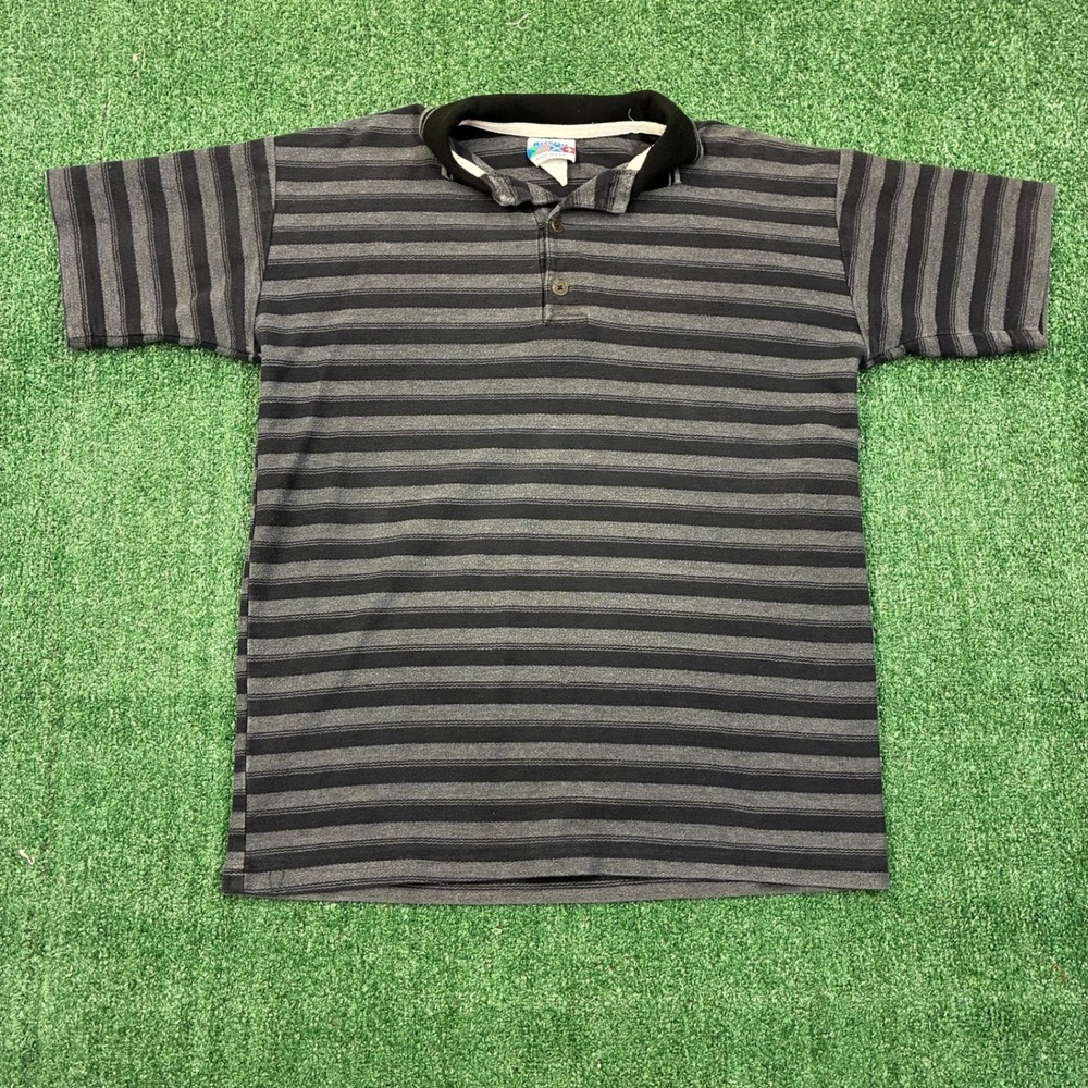Vintage 90s Reebesse Striped Polo Shirt Black Grey Made in USA Mens Large